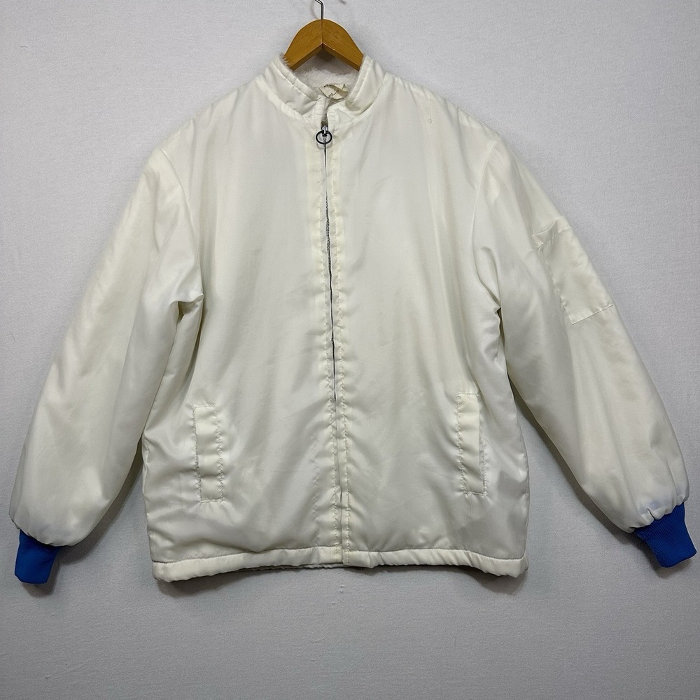 Vintage The Great Lakes Jacket Sz Medium FullZip White W/ Blue Cuffs Made In USA